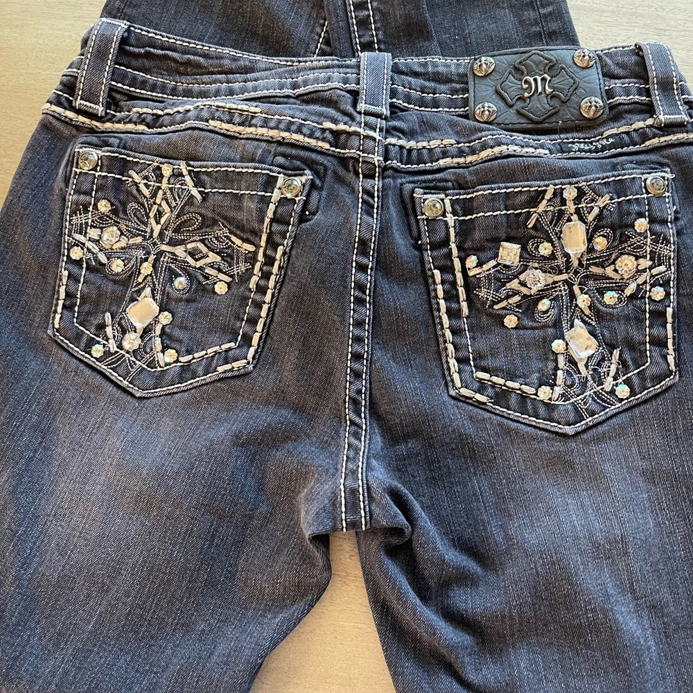 Miss Me Dark Blue Boot Cut Jeans with Embellished Pockets